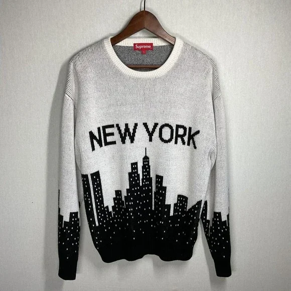 SUPREME - New York Skyline Stitch Knit Sweater White & Black FW20 sz L - Picture 1 of 8